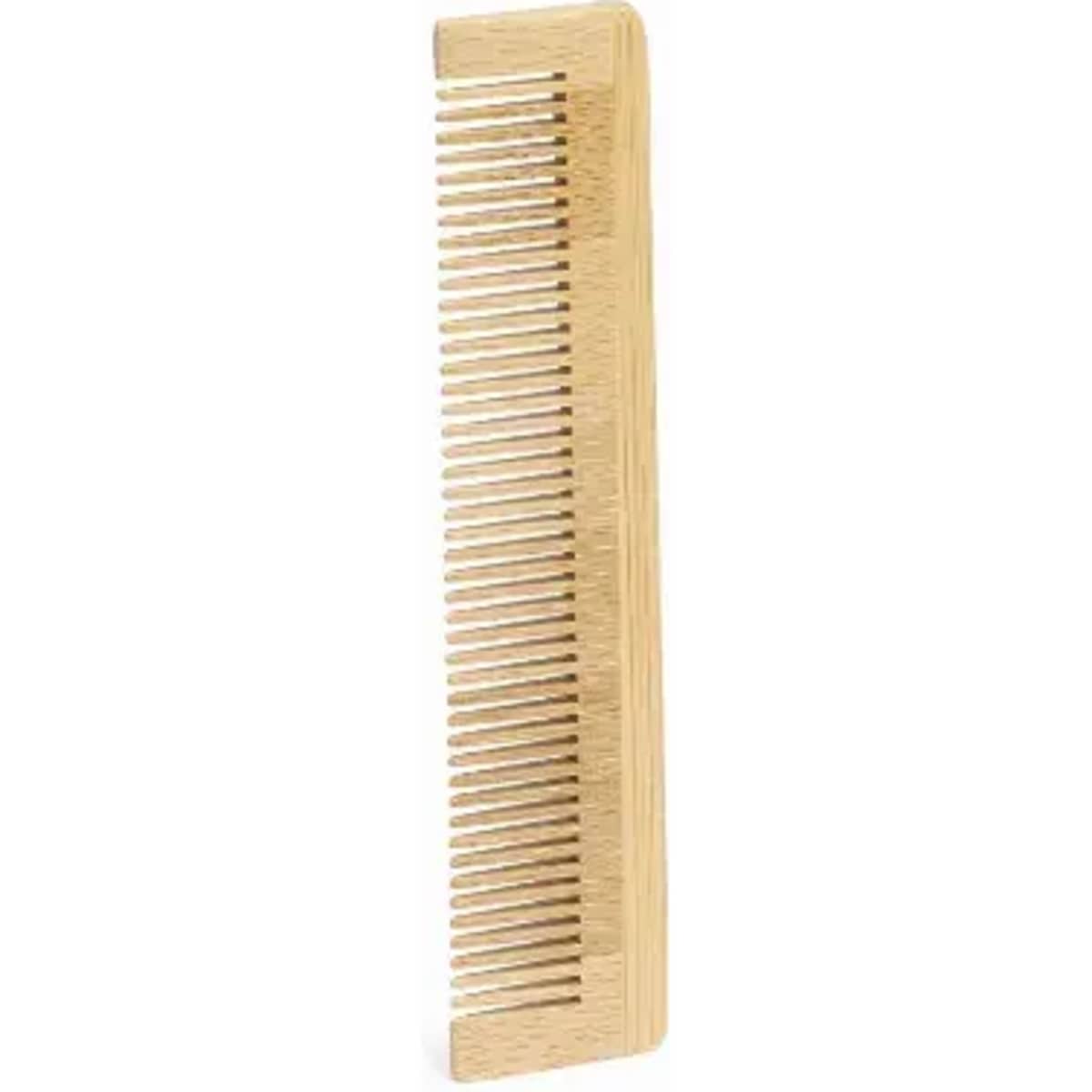 A wooden comb with narrow teeth, featuring a light brown colour and a smooth finish.