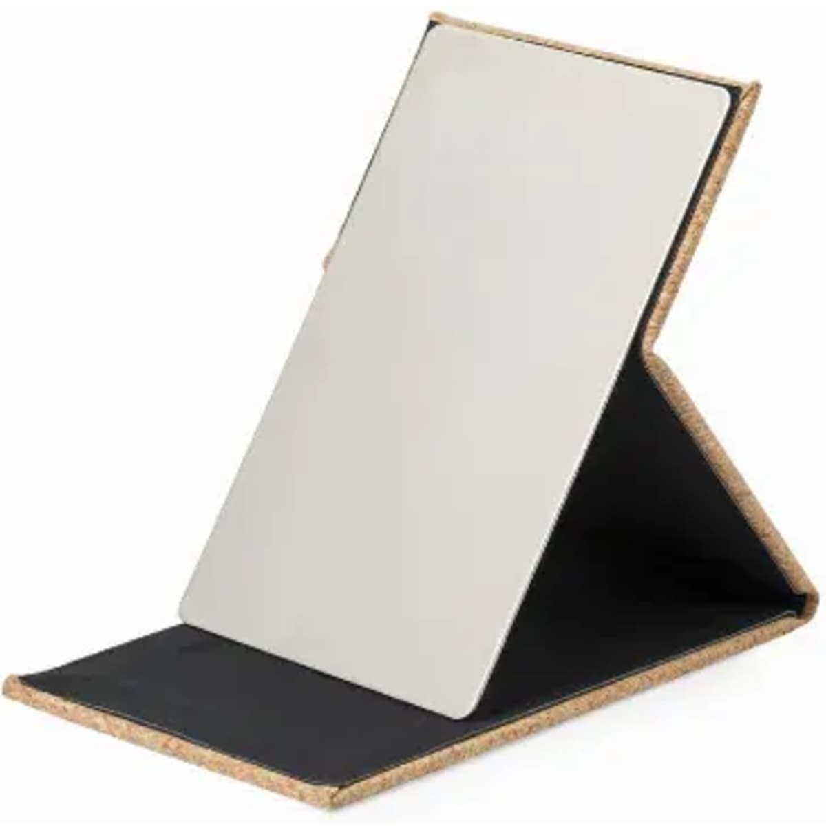 A mirror with a sleek, foldable design featuring a natural cork frame and a black base.