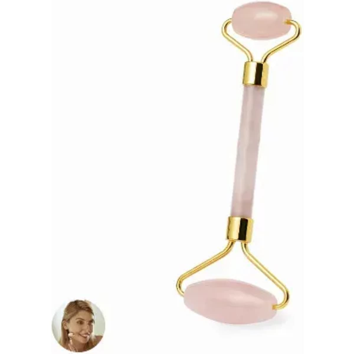 A rose quartz facial roller with gold accents, featuring two smooth stones at each end for skincare.