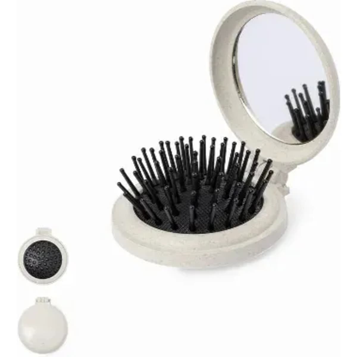 A compact hairbrush mirror featuring black bristles and a light grey, circular case.