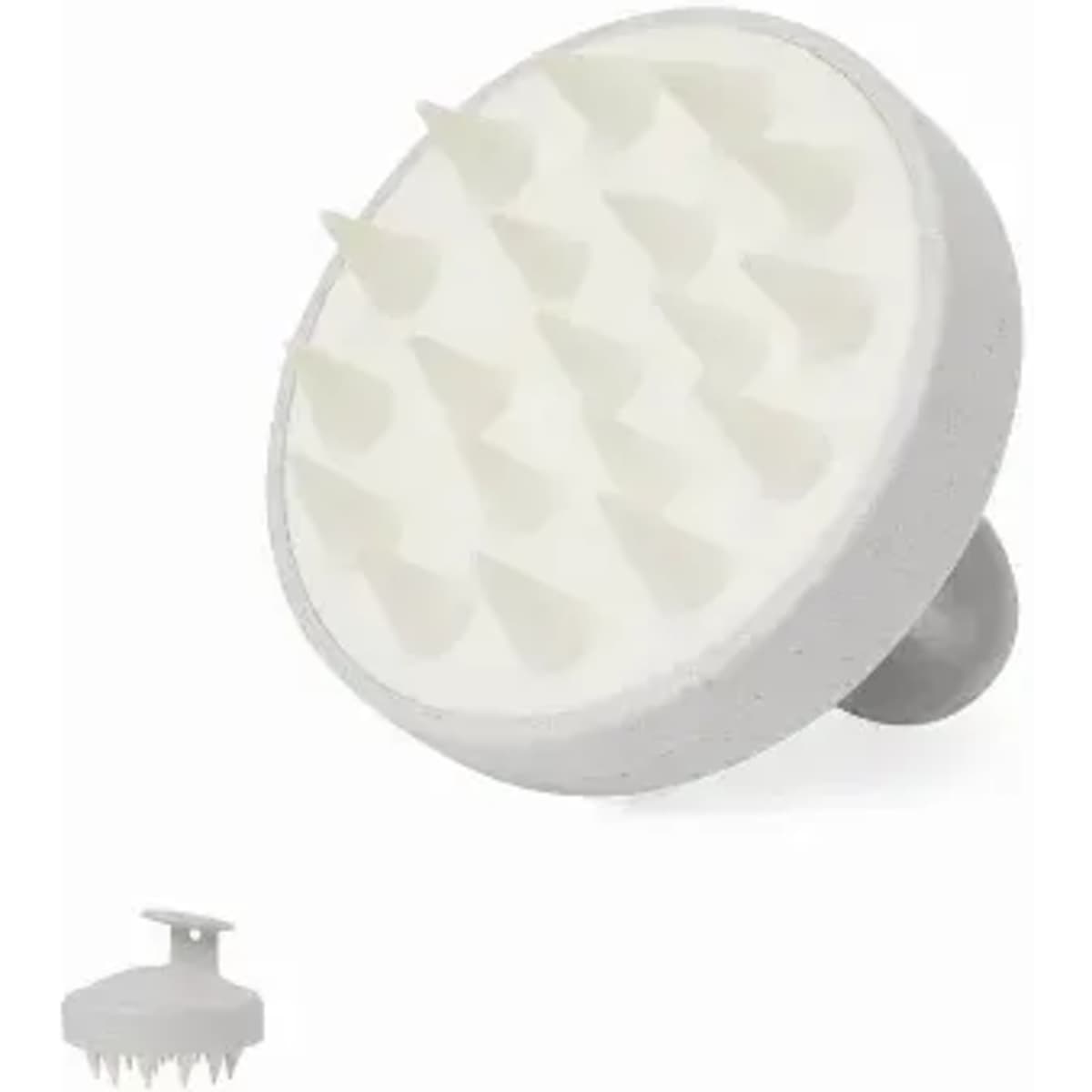 A hairbrush attachment with a round white base and spiked bristles, featuring a grey handle. It includes a logo.