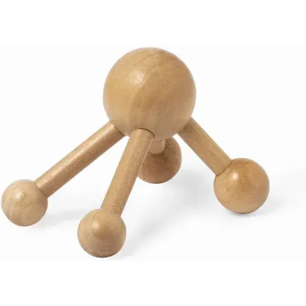 A wooden massager with a spherical body and three rounded legs for ergonomic use.