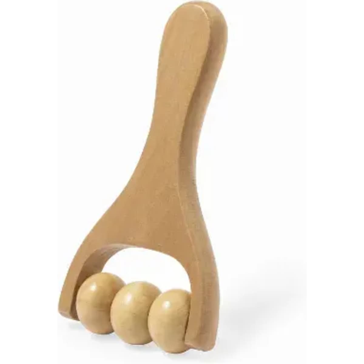 A wooden massager with a curved handle and three rolling balls at the end. The design features a light natural wood finish.