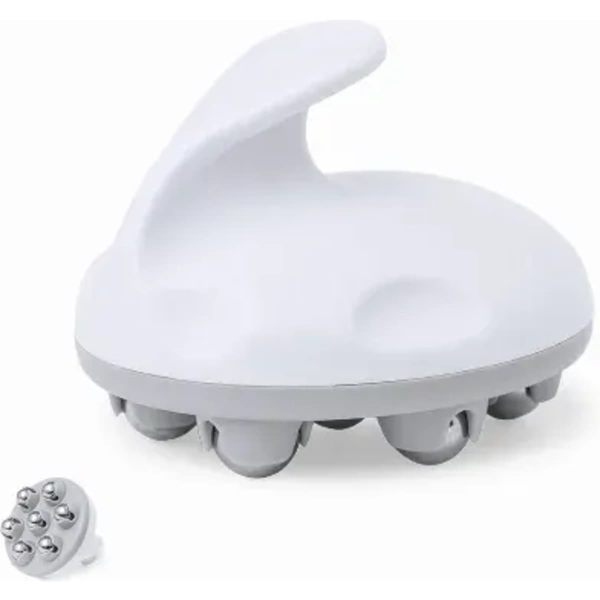 A massage device in white and grey featuring multiple textured rollers and a curved handle for easy grip.