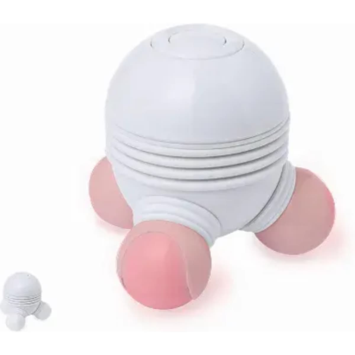 A massage tool featuring a round white body with pink rubber feet, designed for muscle relaxation.