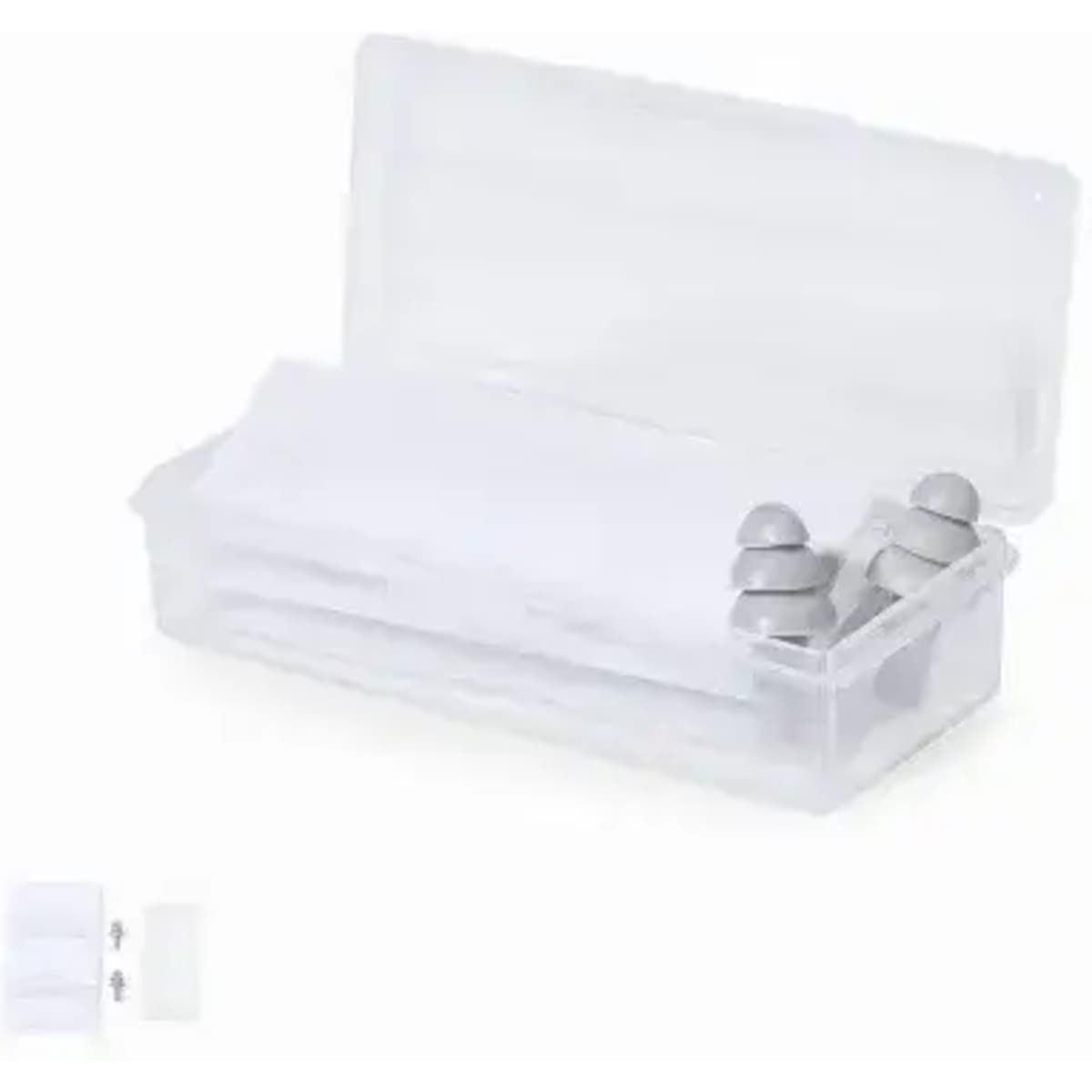 A clear storage box containing white sheets and grey earplugs, partially open to reveal its contents.