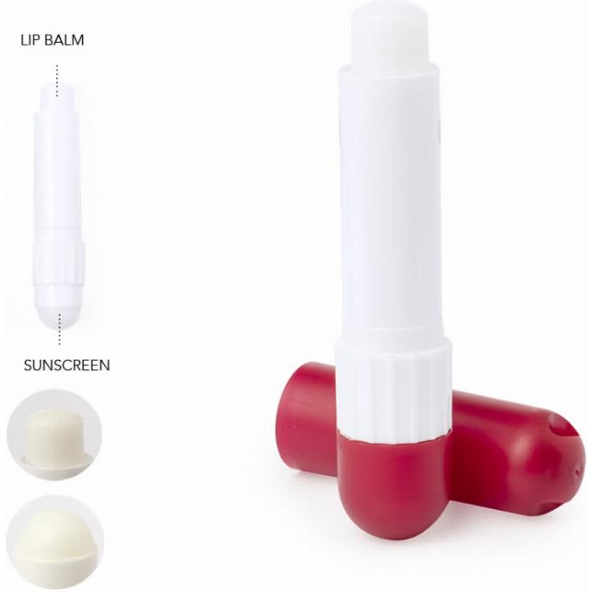 A lip balm and sunscreen stick, featuring a white and red design, with a curved shape and a cap.