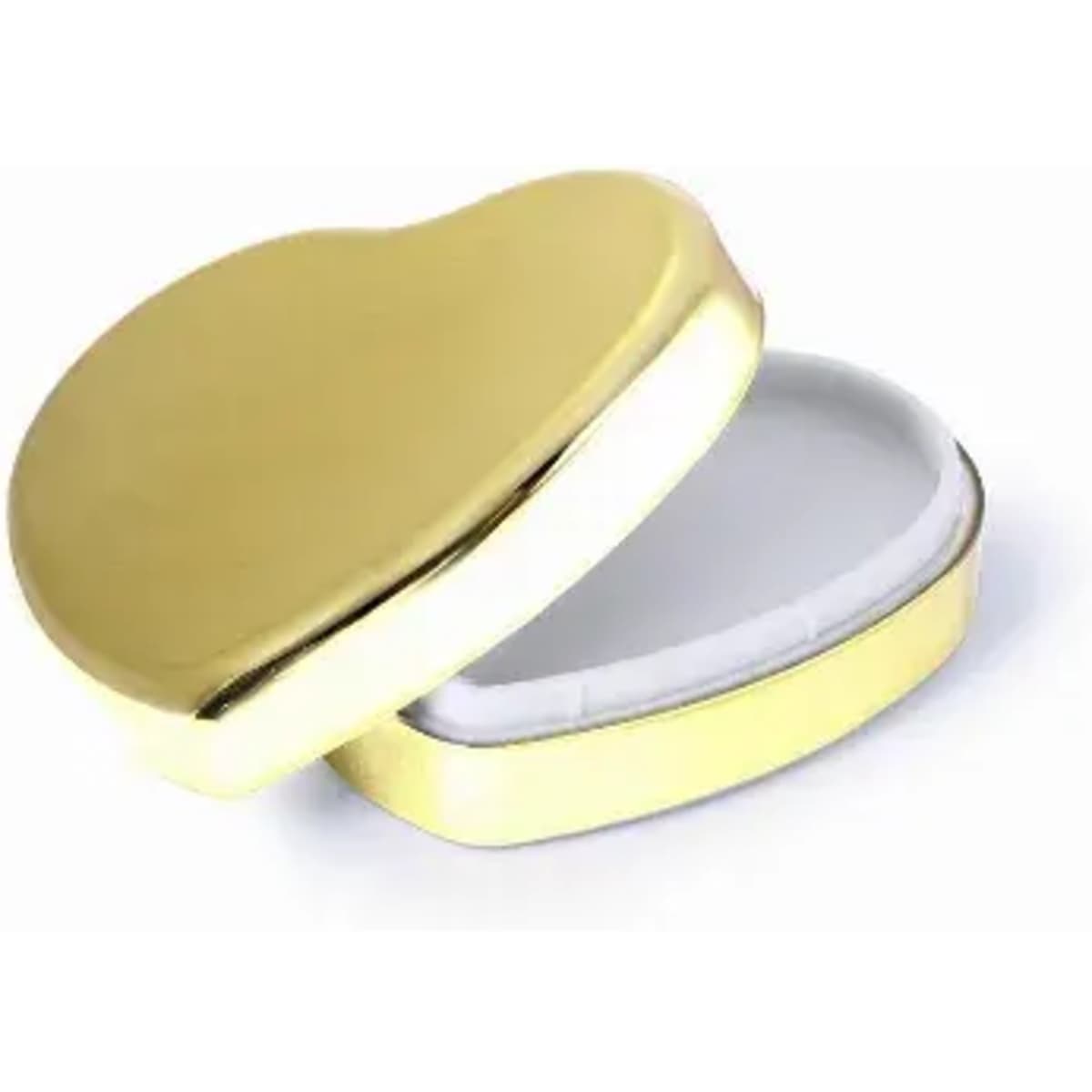 A heart-shaped gold box with a white interior, slightly open to reveal its contents.