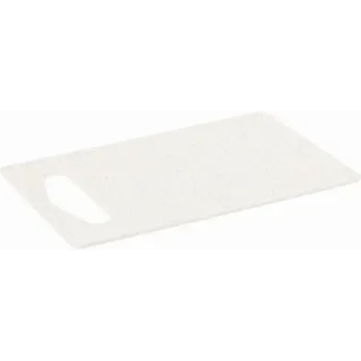 A white chopping board with a handle, featuring a smooth surface and rectangular shape.