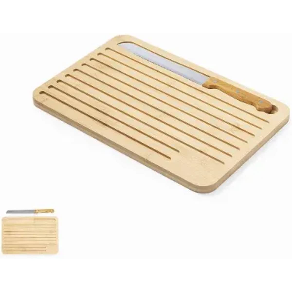 A wooden cutting board featuring grooves and a knife placed on it. The board has a natural wood finish.