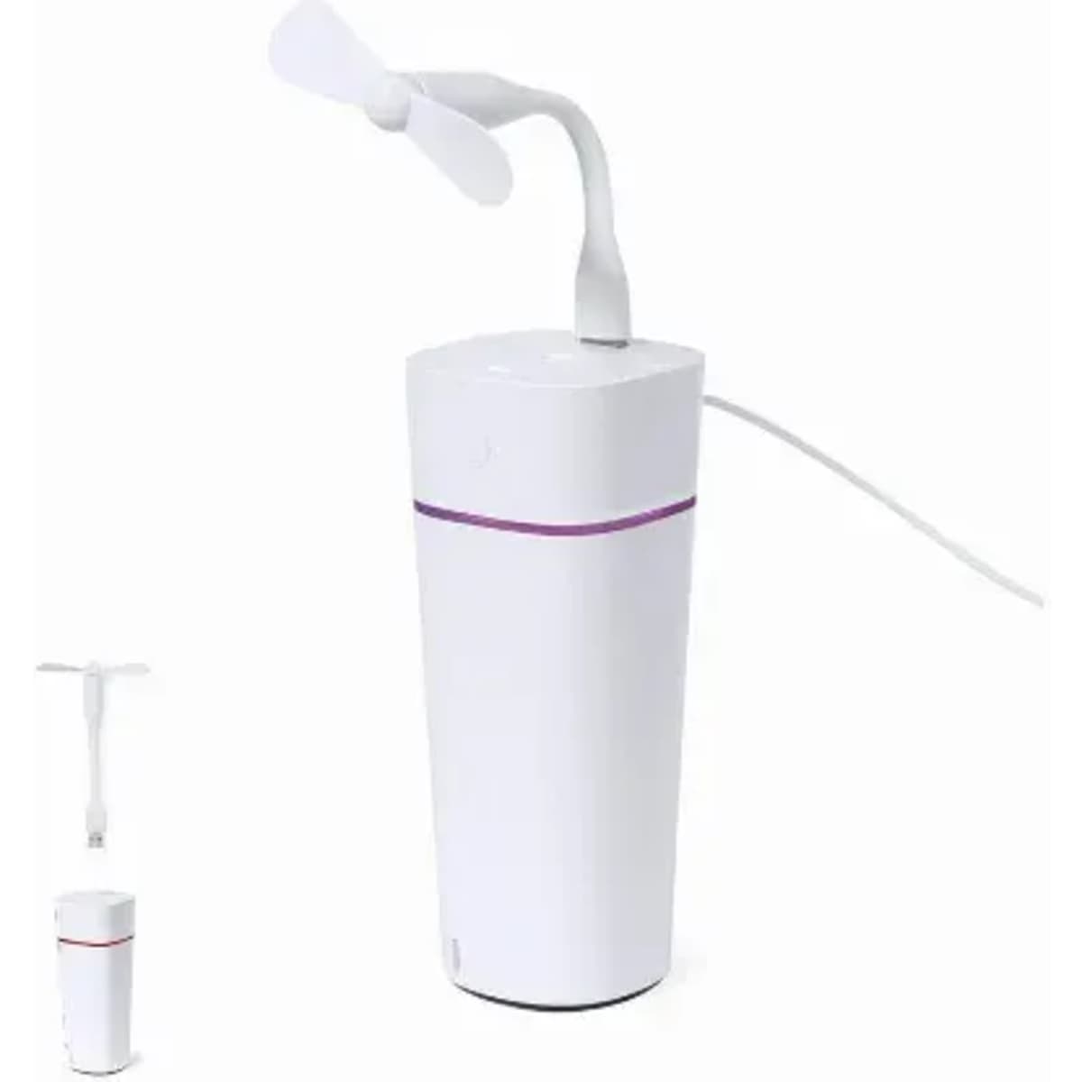 A portable fan in white with a flexible neck, attached to a cylindrical base. It includes a power cord.