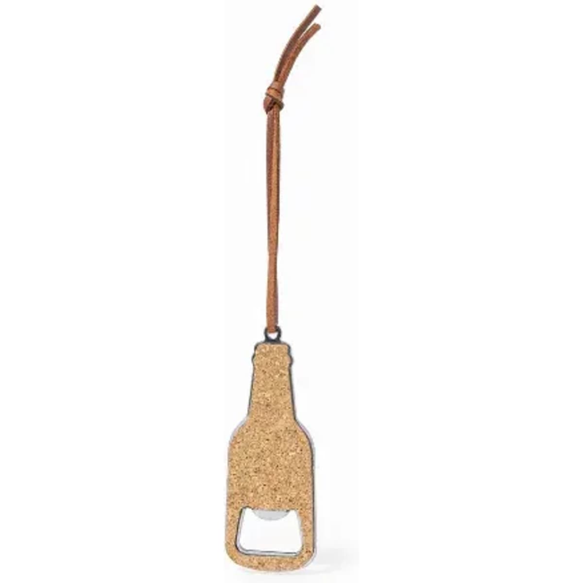 A bottle-shaped cork opener with a leather strap, featuring a simple design and a natural cork finish.