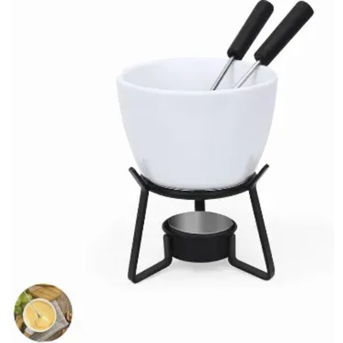 A fondue set featuring a white ceramic bowl, two black-handled forks, and a black metal stand with a candle holder.