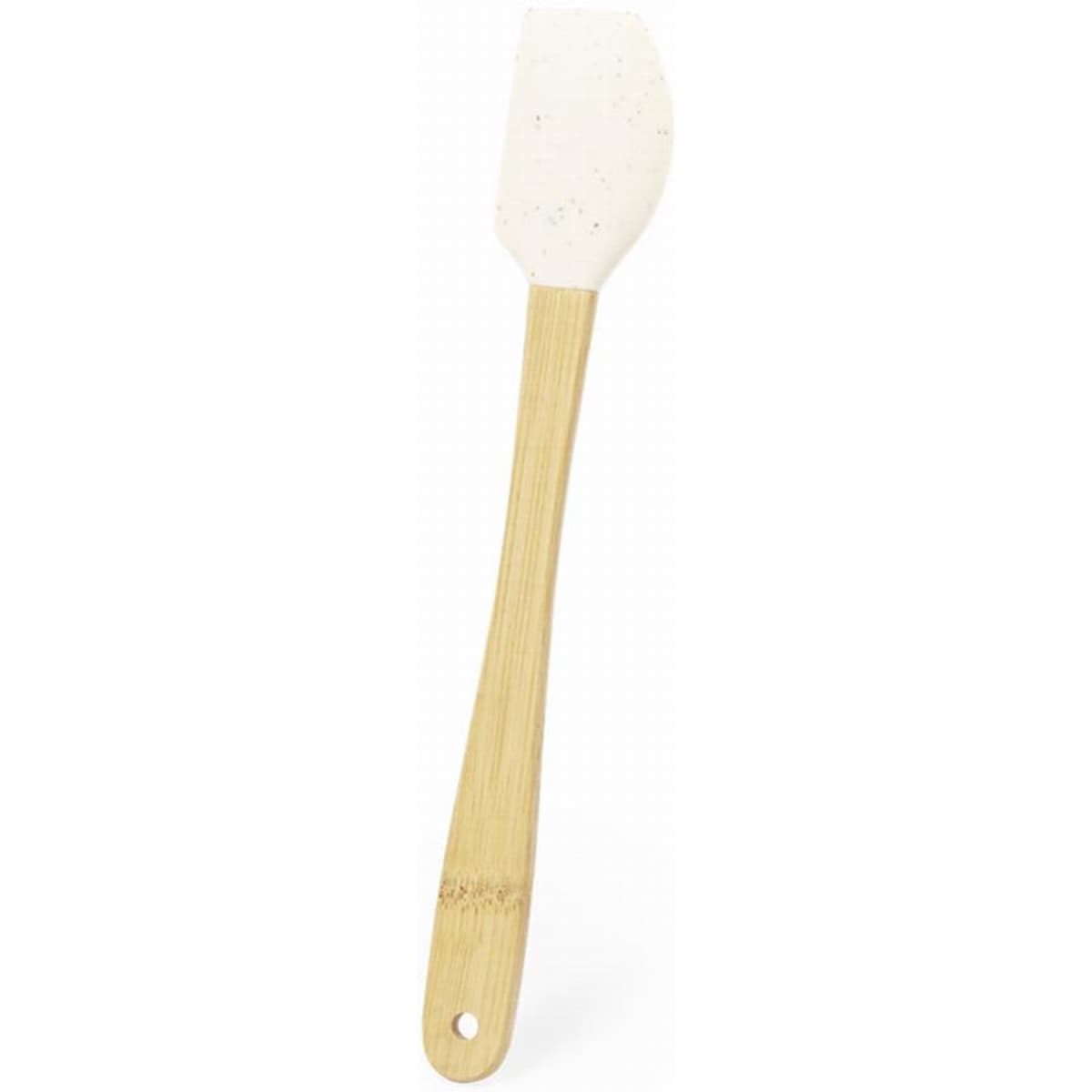 A spatula with a white silicone head and a bamboo handle, featuring a hanging hole for storage.