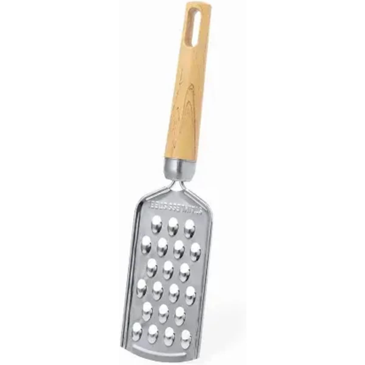 A stainless steel grater with a wooden handle, featuring multiple grating holes and a sleek design.