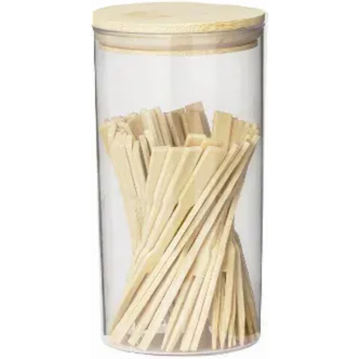 A clear jar containing wooden sticks with a wooden lid. The sticks are arranged inside the jar.