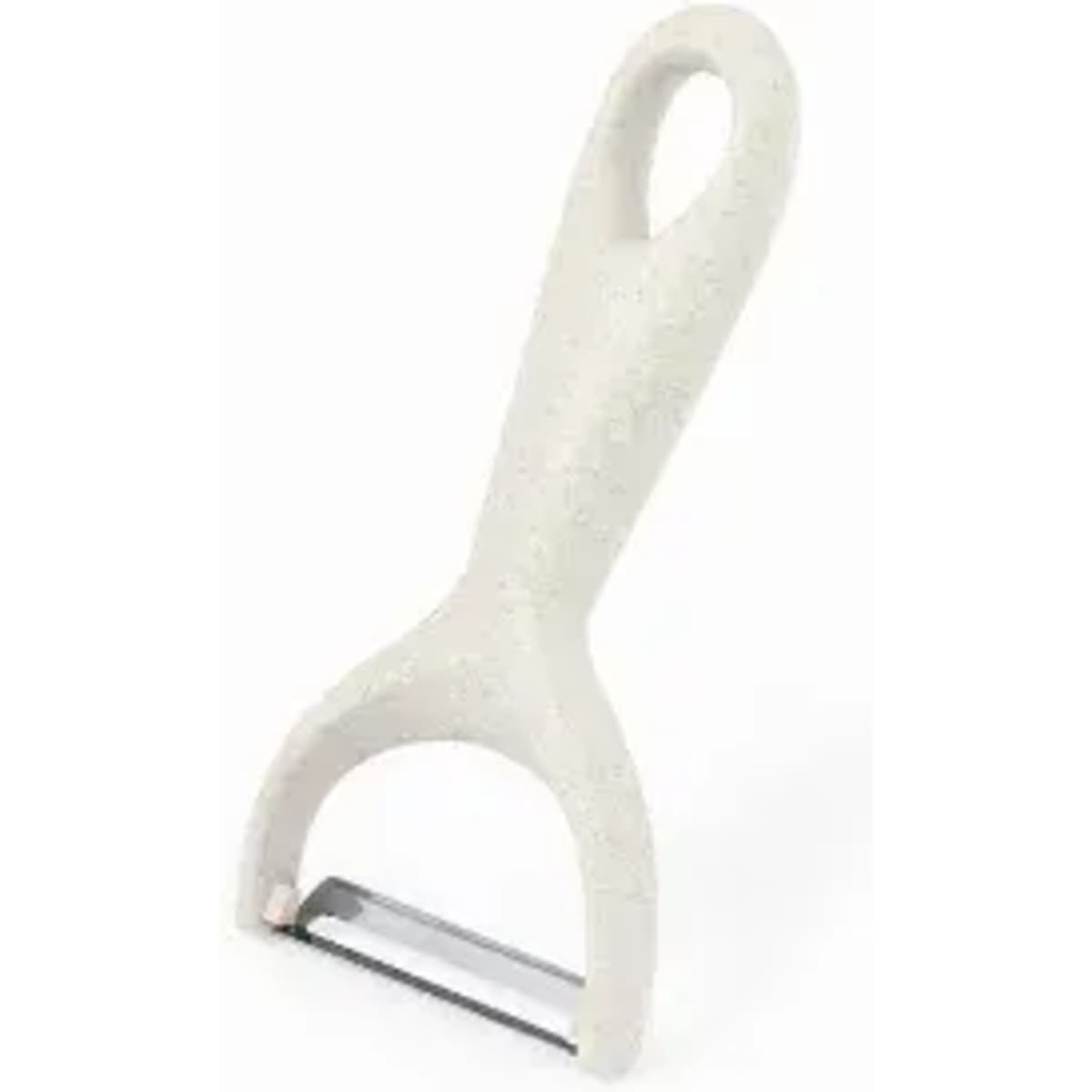 A potato peeler with a light grey handle and a metal blade for peeling fruits and vegetables.