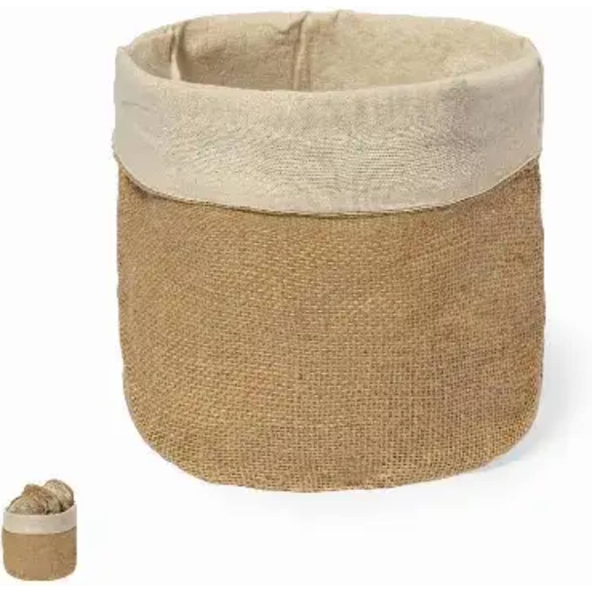 A decorative storage basket made of natural jute with a beige fabric lining at the top.