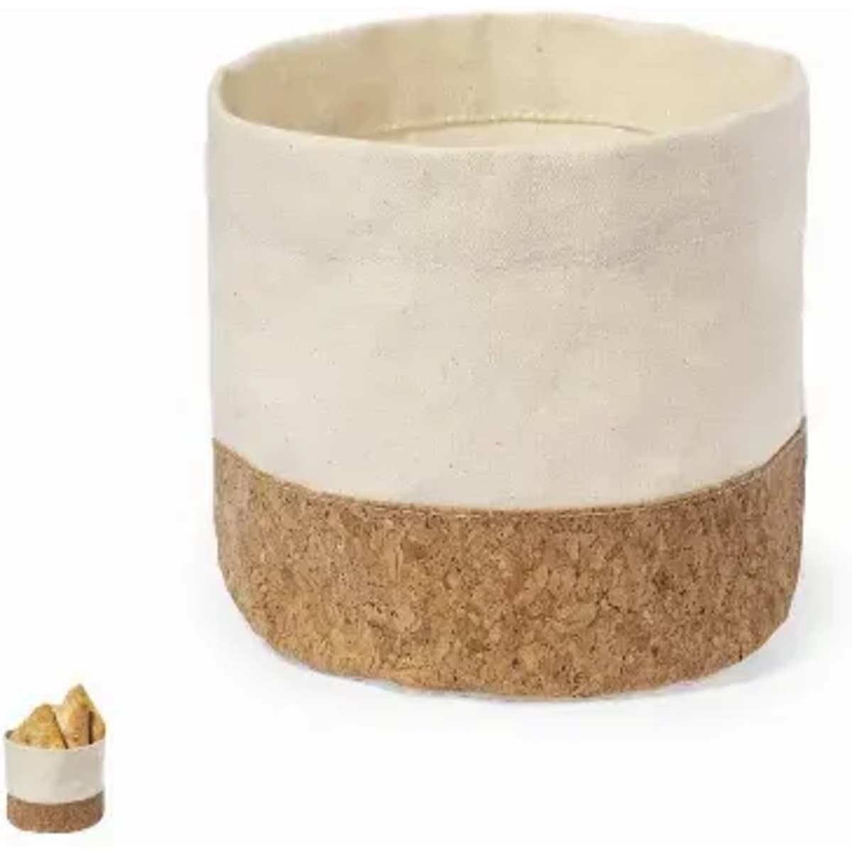 A storage container with a cream fabric top and a cork base. Features a simple, minimalist design.