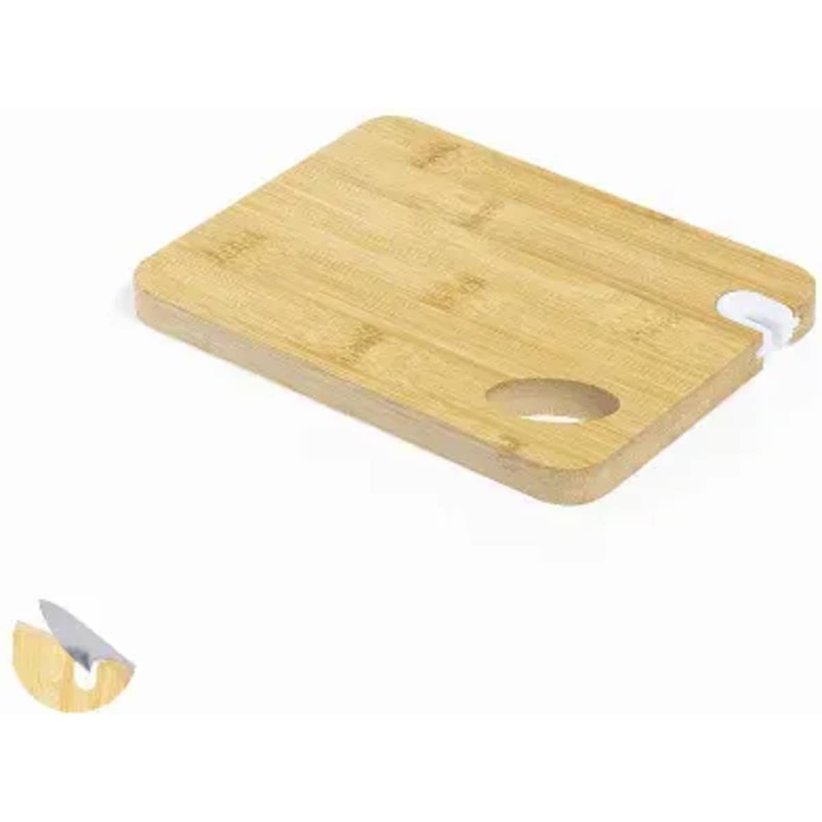 A bamboo serving board with a handle and a knife set beside it. The board features a smooth, rectangular design.