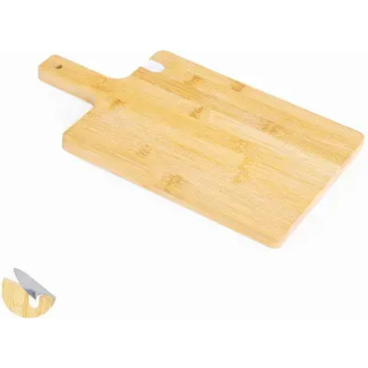 A bamboo cutting board with a handle, featuring a small groove. The surface is smooth and light brown in colour.