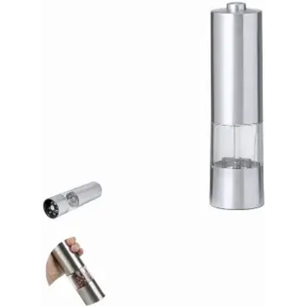 A salt and pepper mill set in stainless steel, featuring a clear base for visibility and a sleek, modern design.
