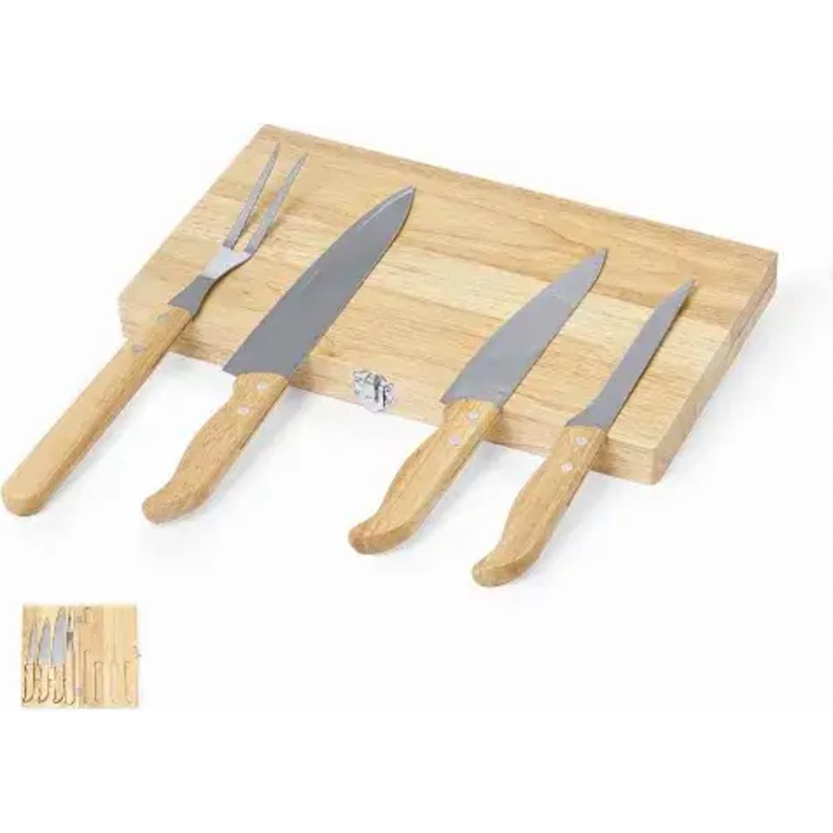 A wooden cutting board displays four kitchen knives with light wooden handles and stainless steel blades.