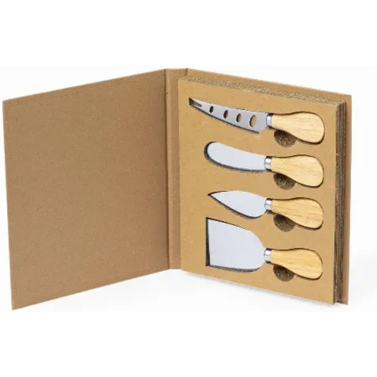 A knife set featuring four stainless steel knives with bamboo handles, presented in a cardboard case.