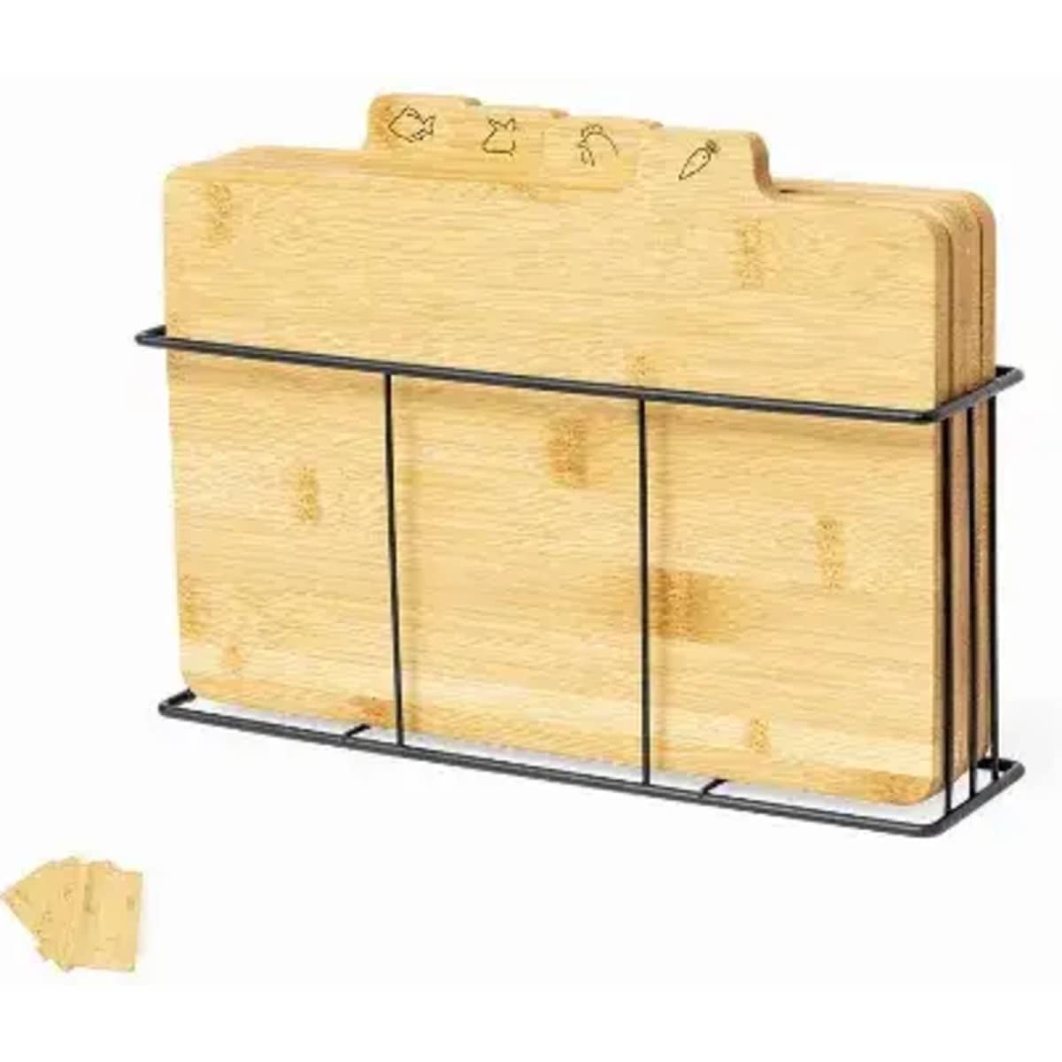 A set of bamboo cutting boards in a black wire holder, featuring engraved icons on the boards.