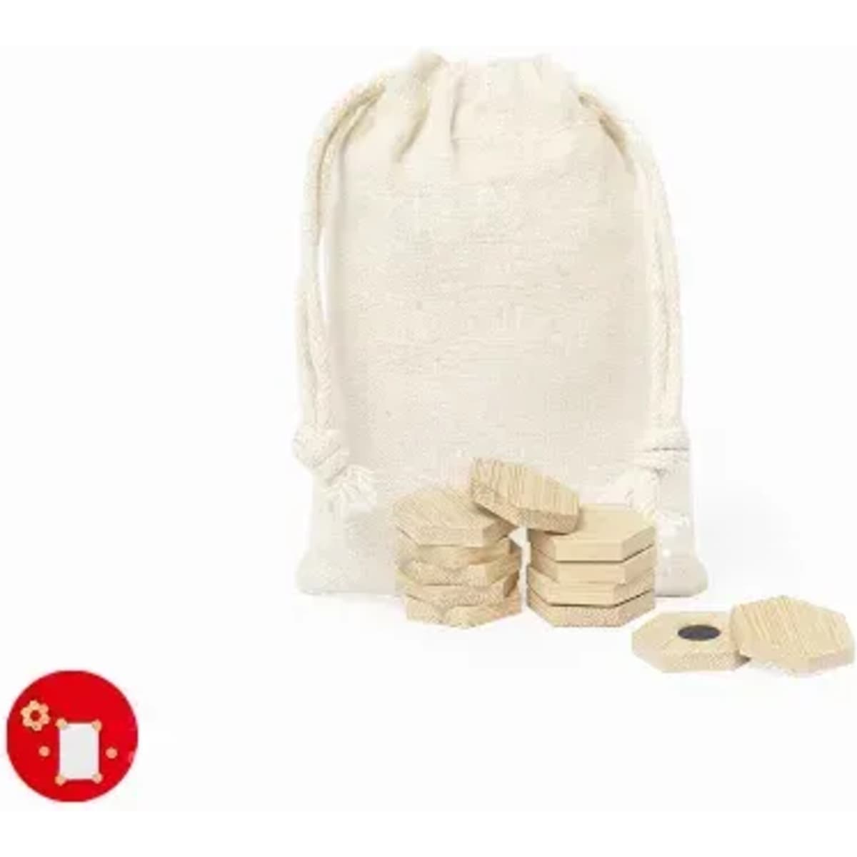 A small bag containing wooden hexagonal tokens, some stacked and others scattered beside it. The bag is light-coloured.