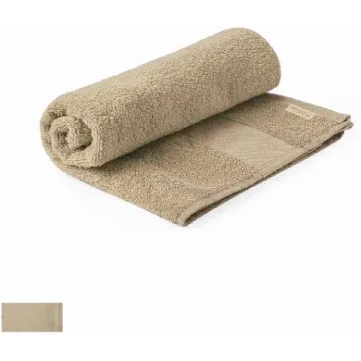 A rolled towel in a sandy beige colour, featuring a textured surface and a smooth section. It has a logo on one side.