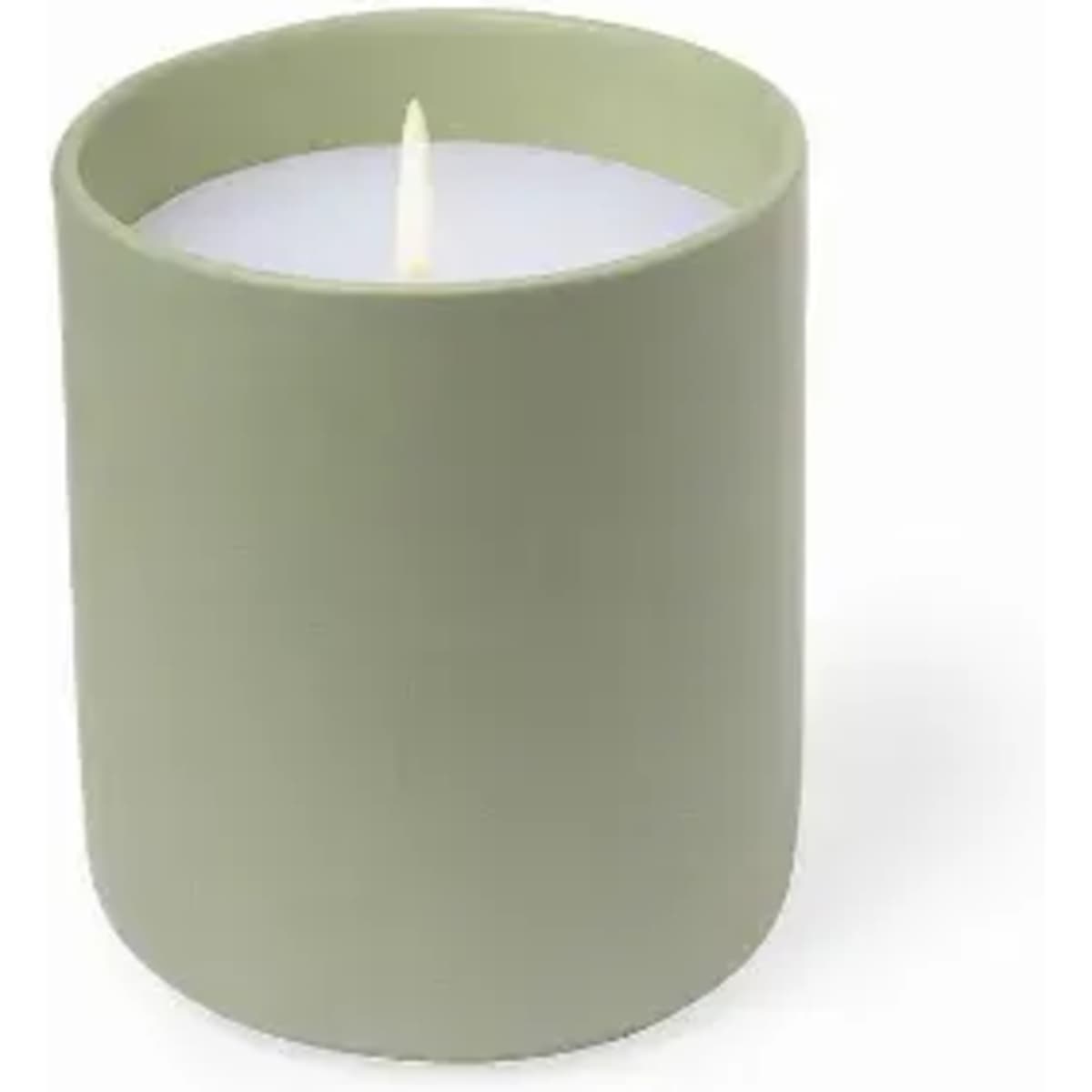 A candle in a matte green container with a white wax interior and a single wick. It has a minimalist design.