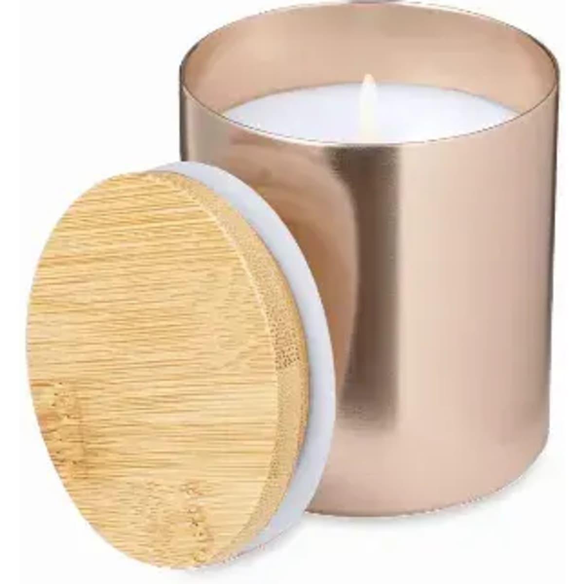 A candle in a rose gold metal container with a bamboo lid, featuring a white wax interior.