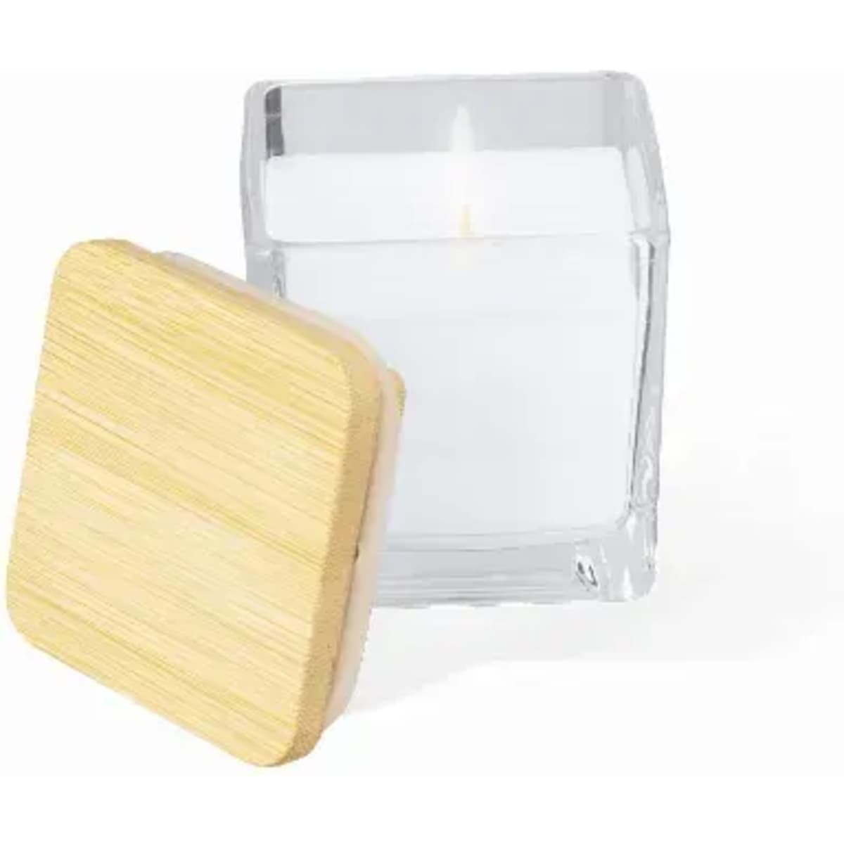 A candle in a clear glass container with a wooden lid. The candle is white and the lid is light wood.