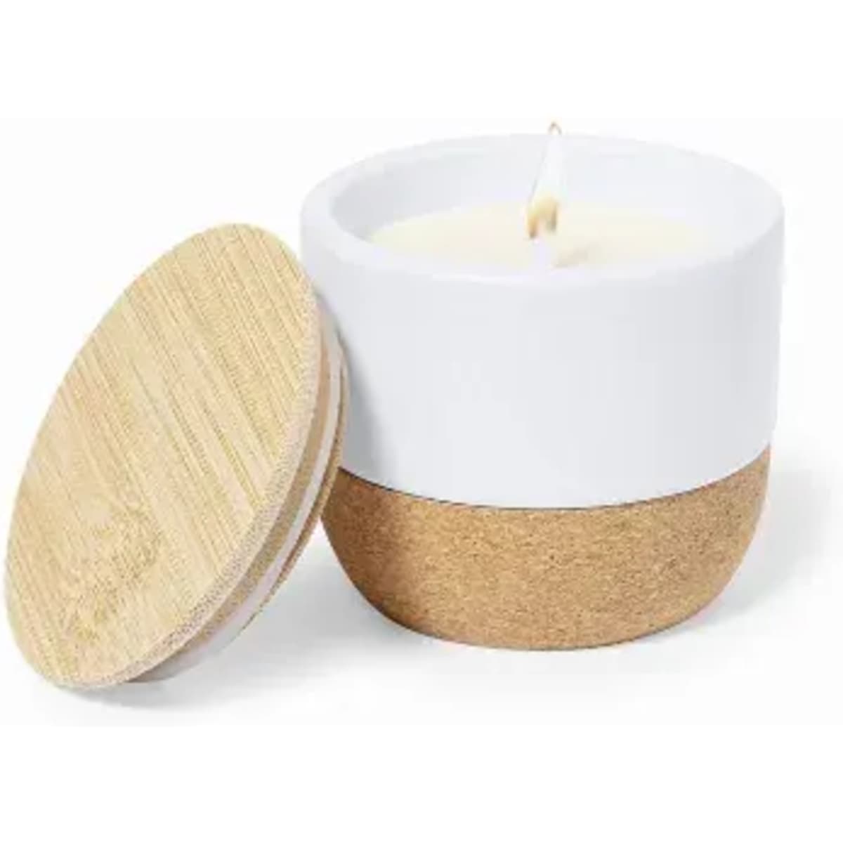 A candle in a white and natural wood container with a cork base and a wooden lid, featuring a single wick.