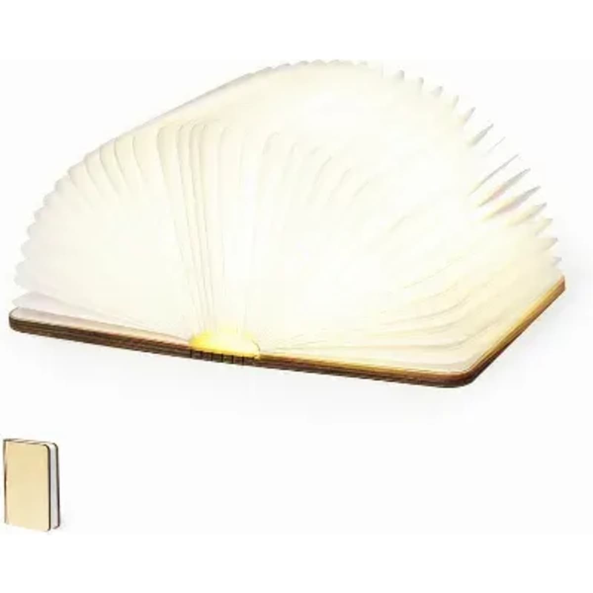 A book-shaped lamp with a flexible, white, fan-like design, alongside a small, black notebook.