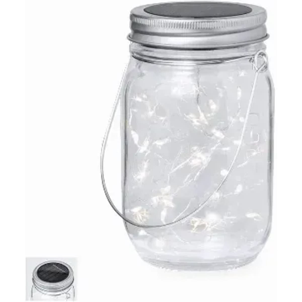 A glass jar lantern with a silver metal lid, containing white string lights inside, and a handle for hanging.