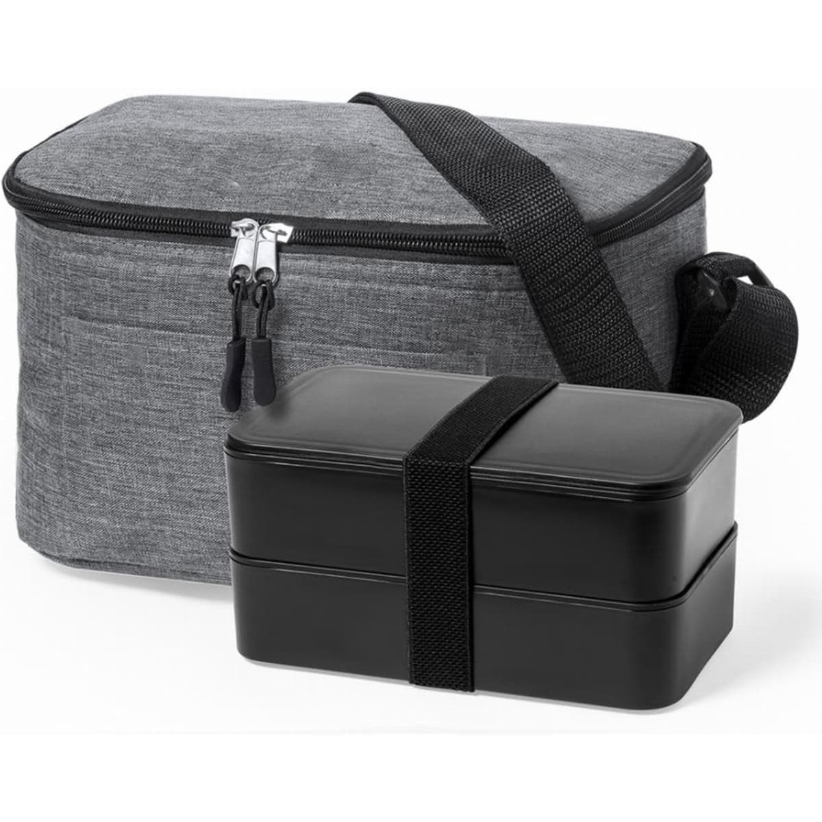 A grey zippered lunch bag with a black two-tiered food container beside it. Both items are sleek and portable.