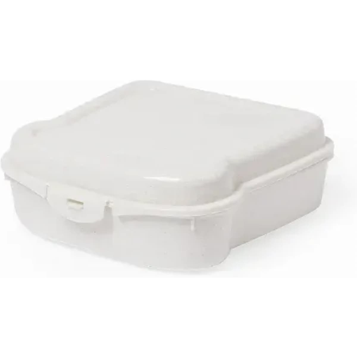 A white food storage container with a square shape and a hinged lid. It has a simple locking mechanism.