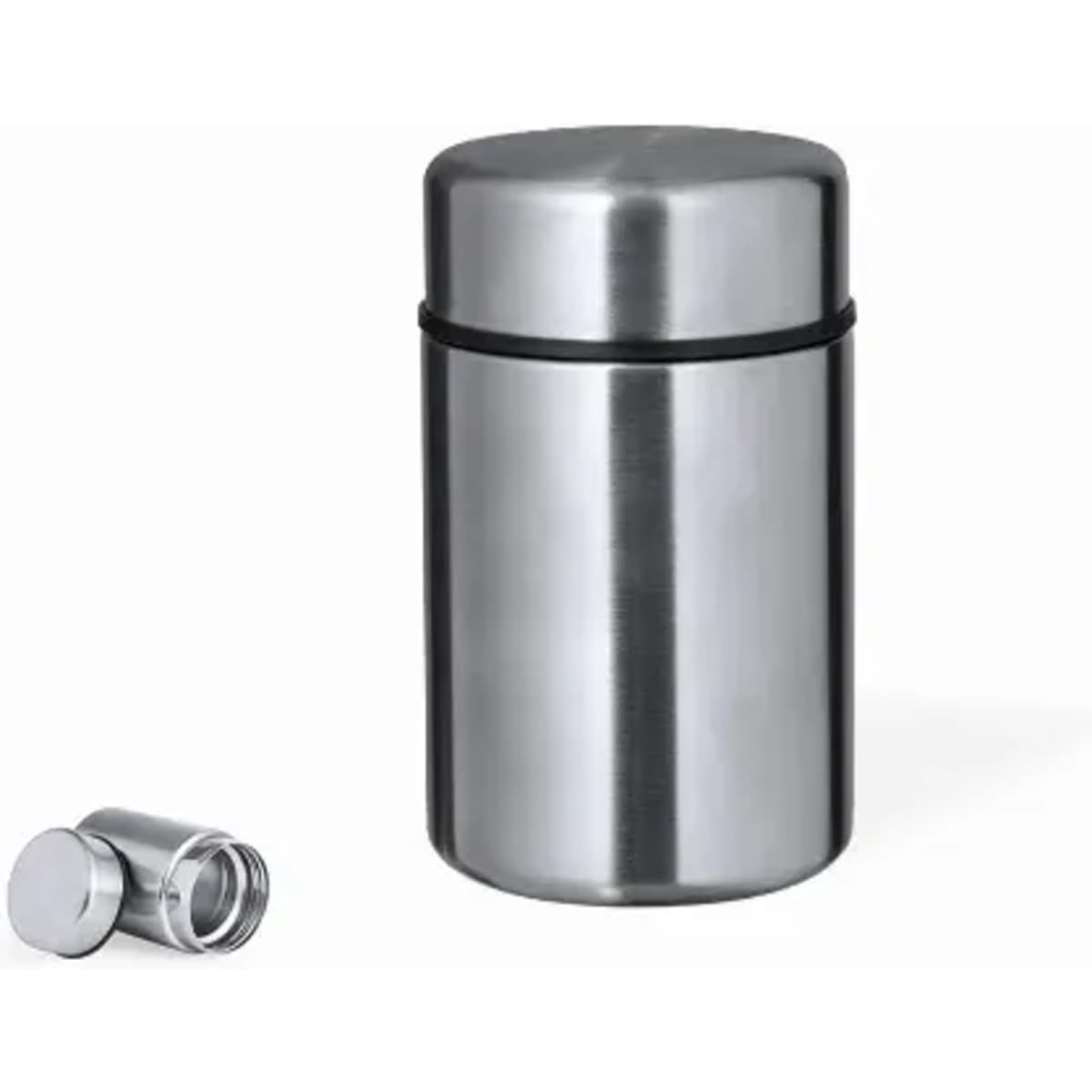 A drink bottle in silver stainless steel, featuring a cylindrical design with a threaded lid.