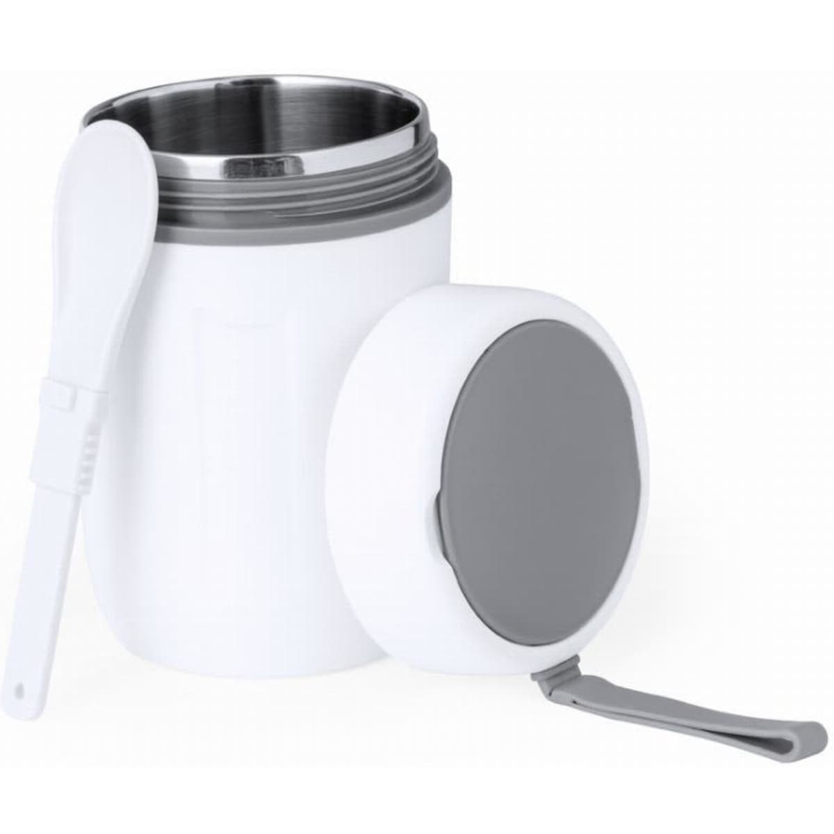 A drink bottle in white with a grey lid and a spoon attached, featuring a stainless steel interior.