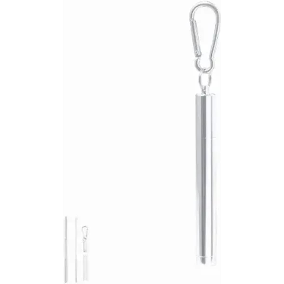 A silver, cylindrical promotional product with a clip for attachment. It features a smooth, shiny surface.