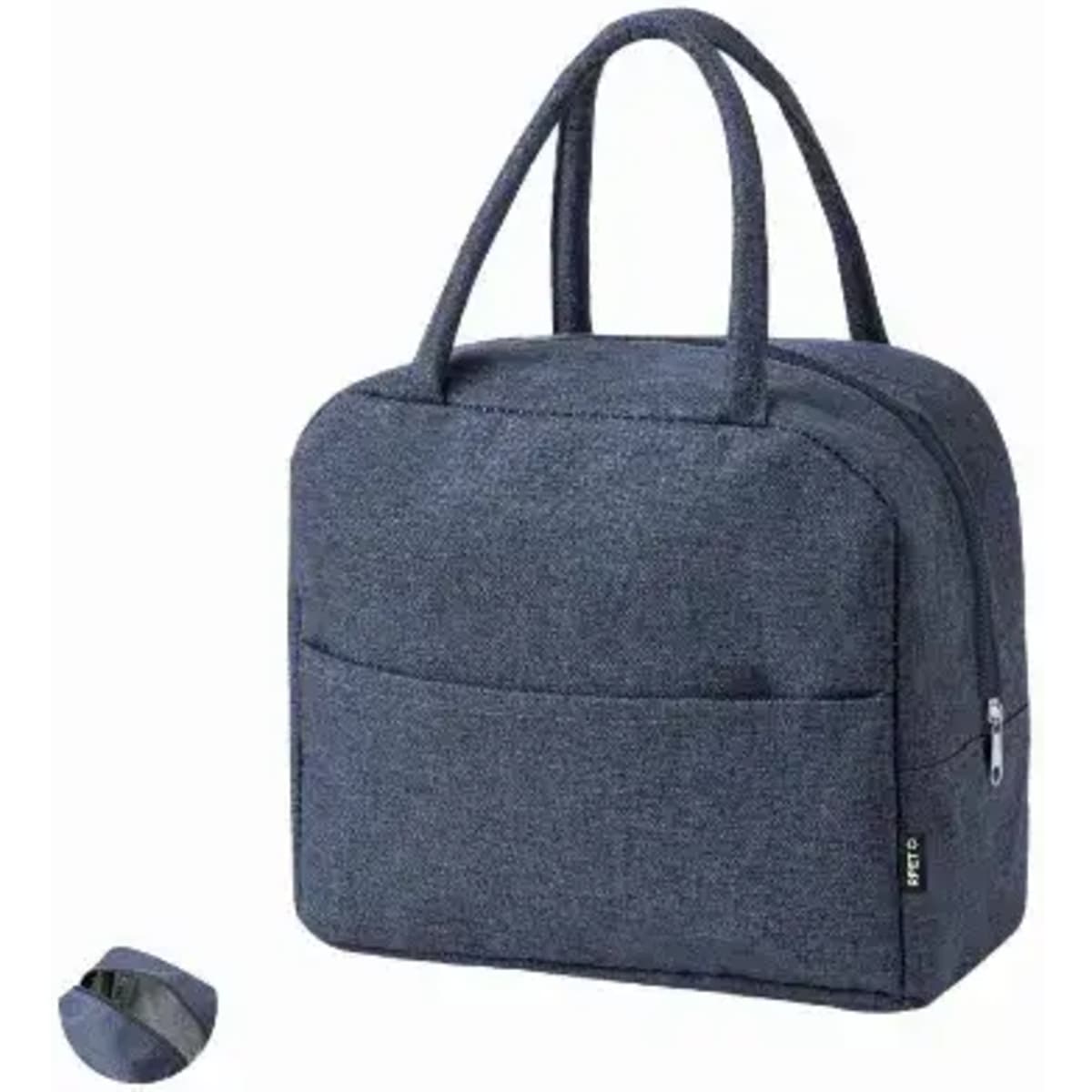 A dark blue tote bag with a zipped compartment and two sturdy handles. It includes a smaller version displayed separately.