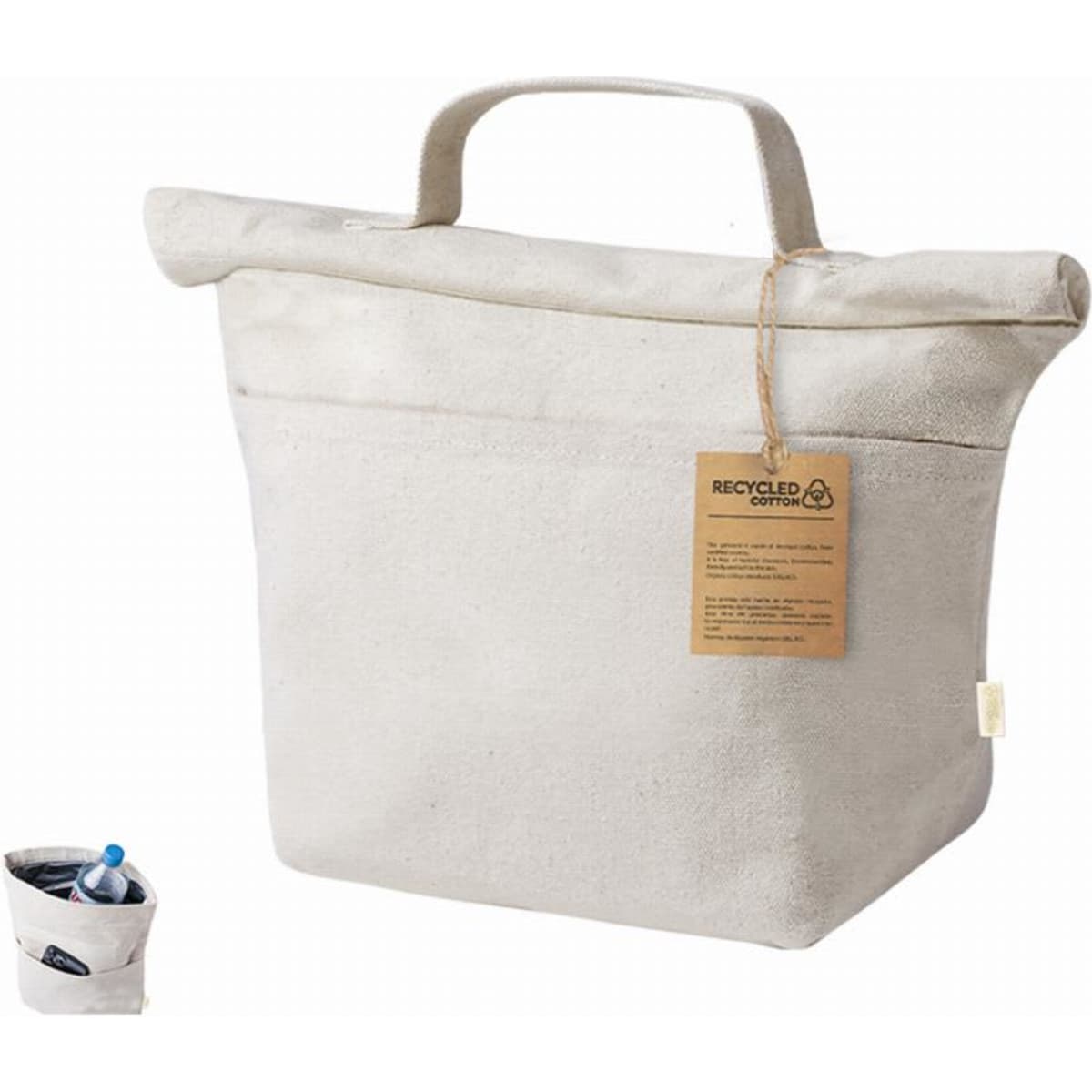 A storage bag in natural beige with a roll-top design and a sturdy handle, featuring a hang tag.