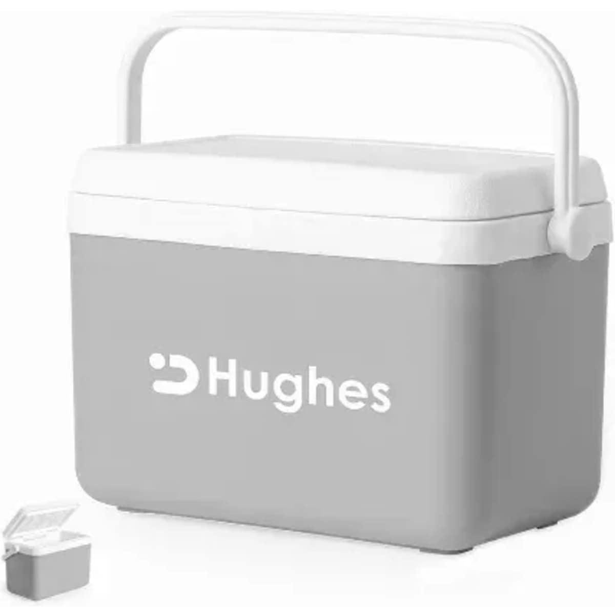 A drink cooler in grey and white with a handle and a small ice pack beside it. Features branding on the front.