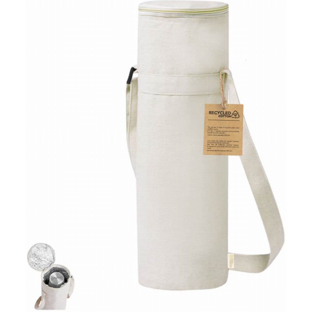 A drink bottle holder in cream with a shoulder strap and a logo, designed for carrying drink bottles.