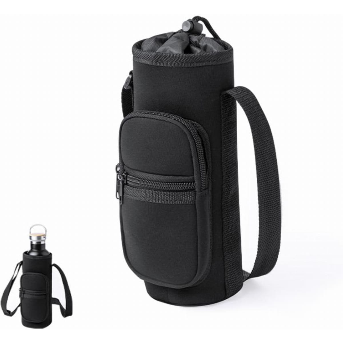 A drink bottle holder in black with a zippered pocket and adjustable strap. It features a drawstring closure at the top.