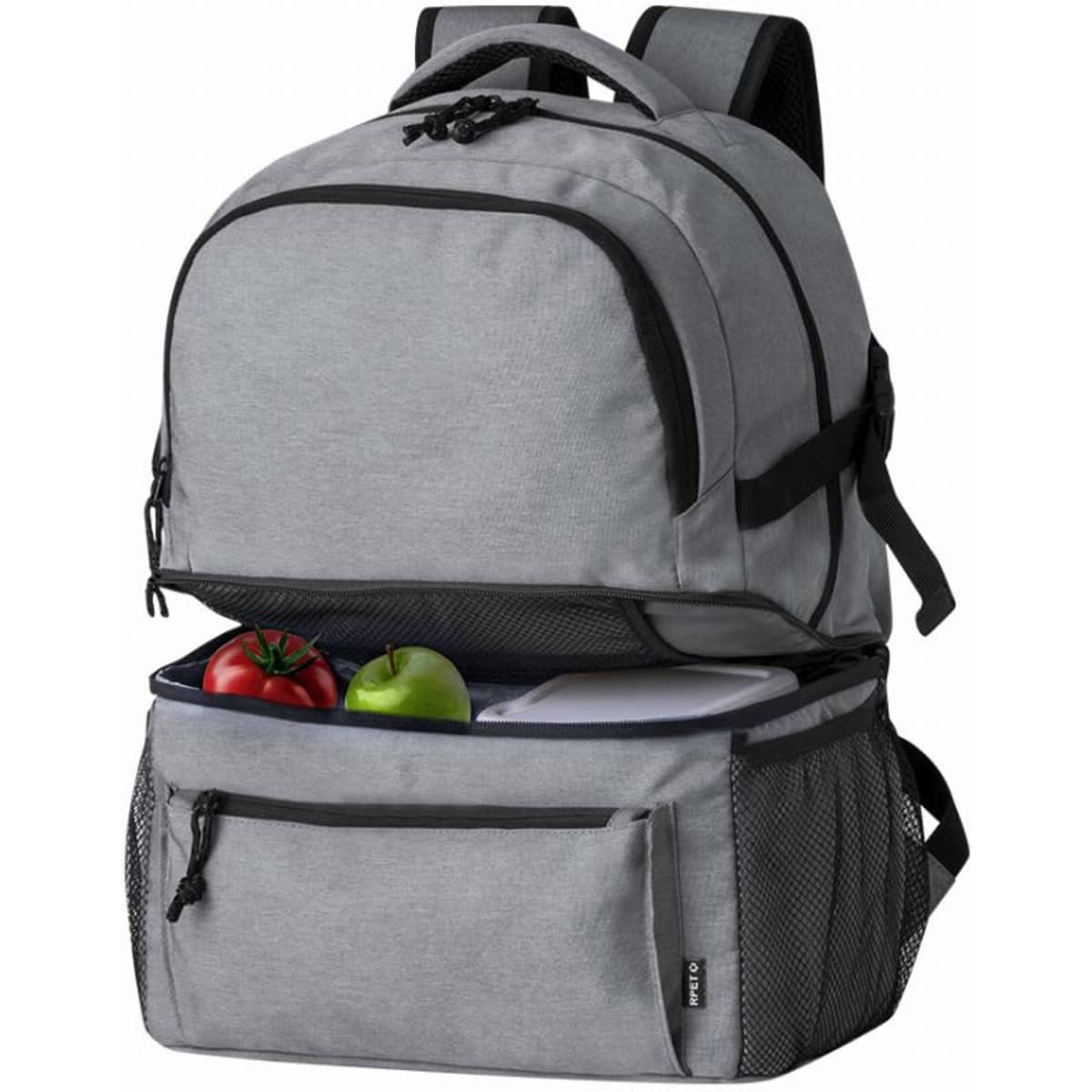 A grey backpack with a large main compartment and a lower insulated section containing two apples and a tomato.
