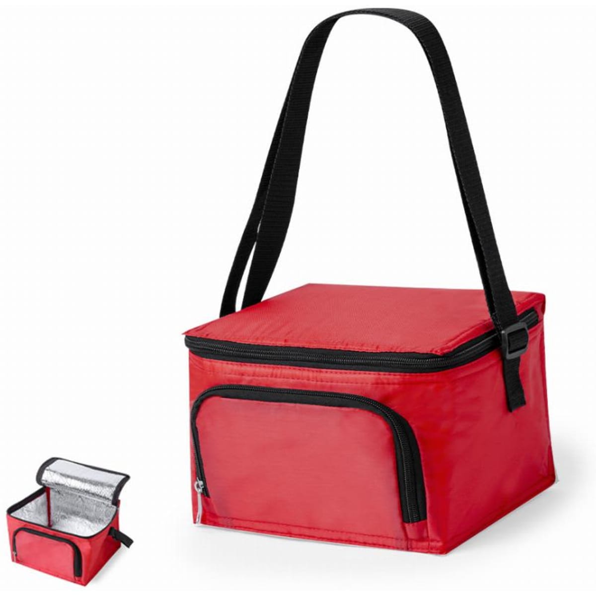 A red insulated lunch bag with a black shoulder strap and a front pocket. It has a compact design.