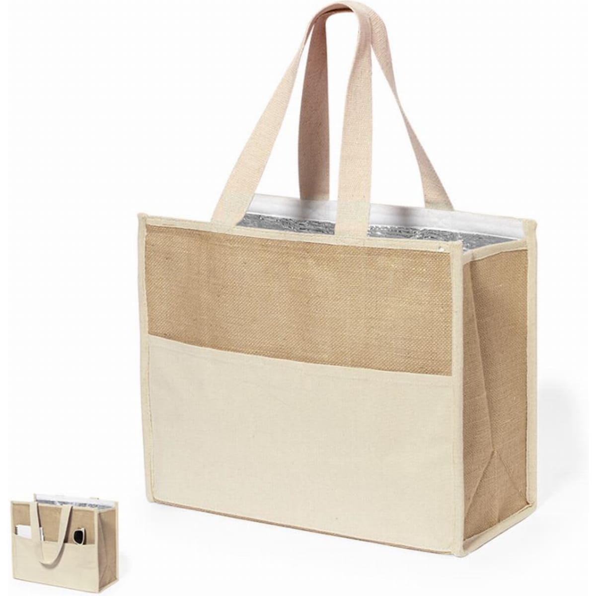 A drink bottle cooler bag made of beige fabric with a clear top and two sturdy handles. It features a front pocket.
